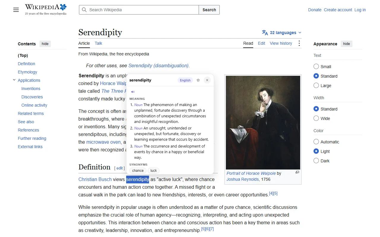 WordMate tooltip open on an English Wikipedia article